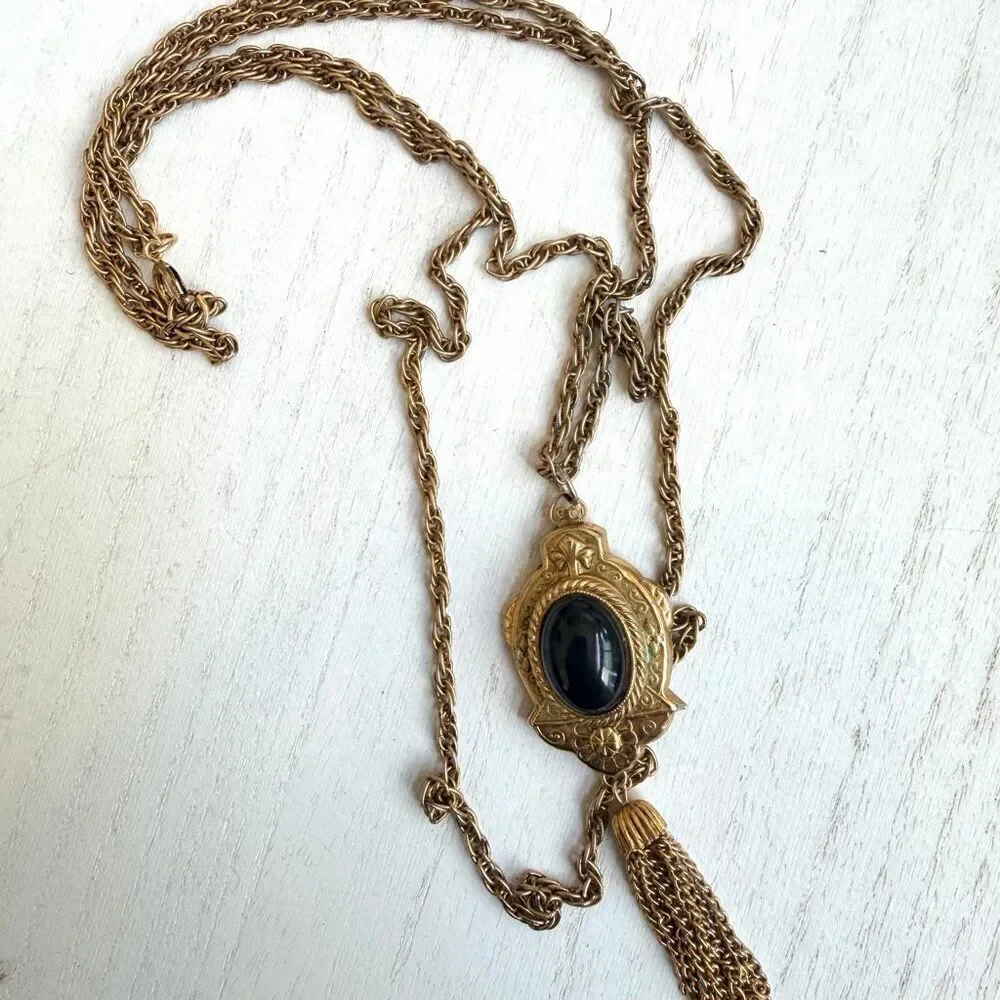 Vintage Double Chain Victorian Revival Pendant Necklace with Tassel